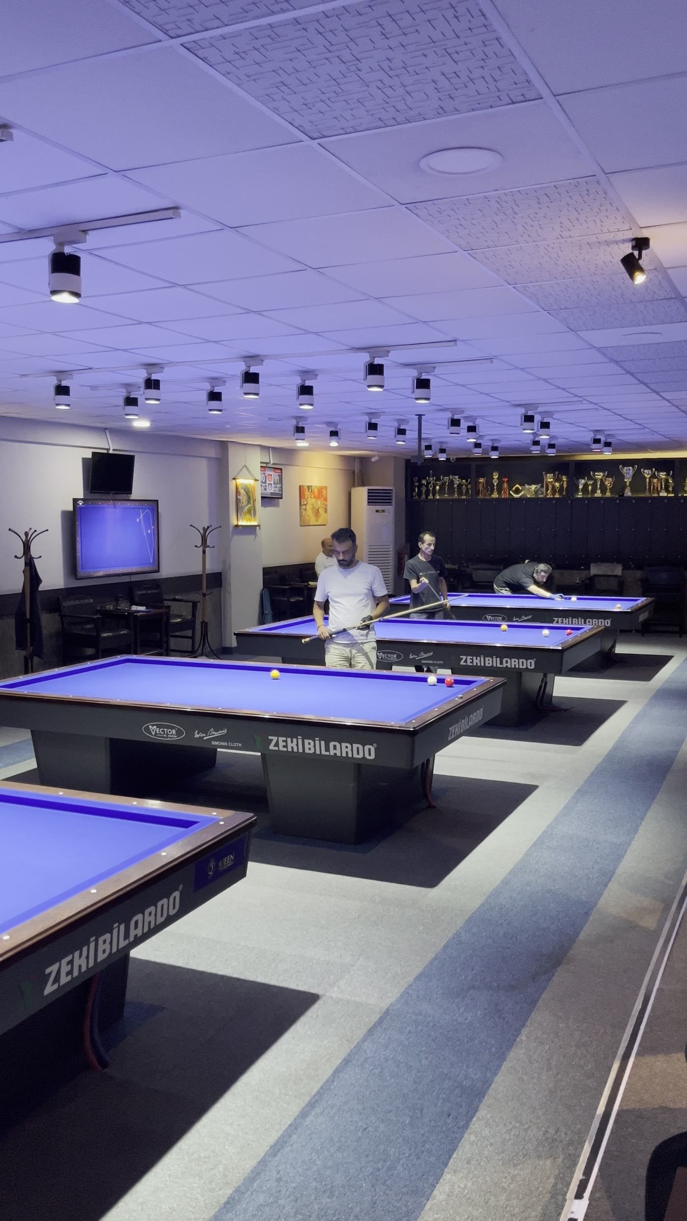 Üç bant masalarında maç, arkada kupa rafı, Queen Bilardo